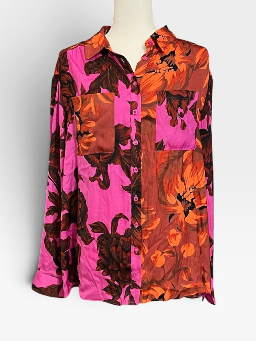 Rachel Zoe Satin Floral Shirt Womens XL Pink Orange Colorblock Mixed Print Boho
